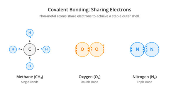 Dot-and-cross diagrams for methane (CH₄), oxygen (O₂), and nitrogen (N₂).